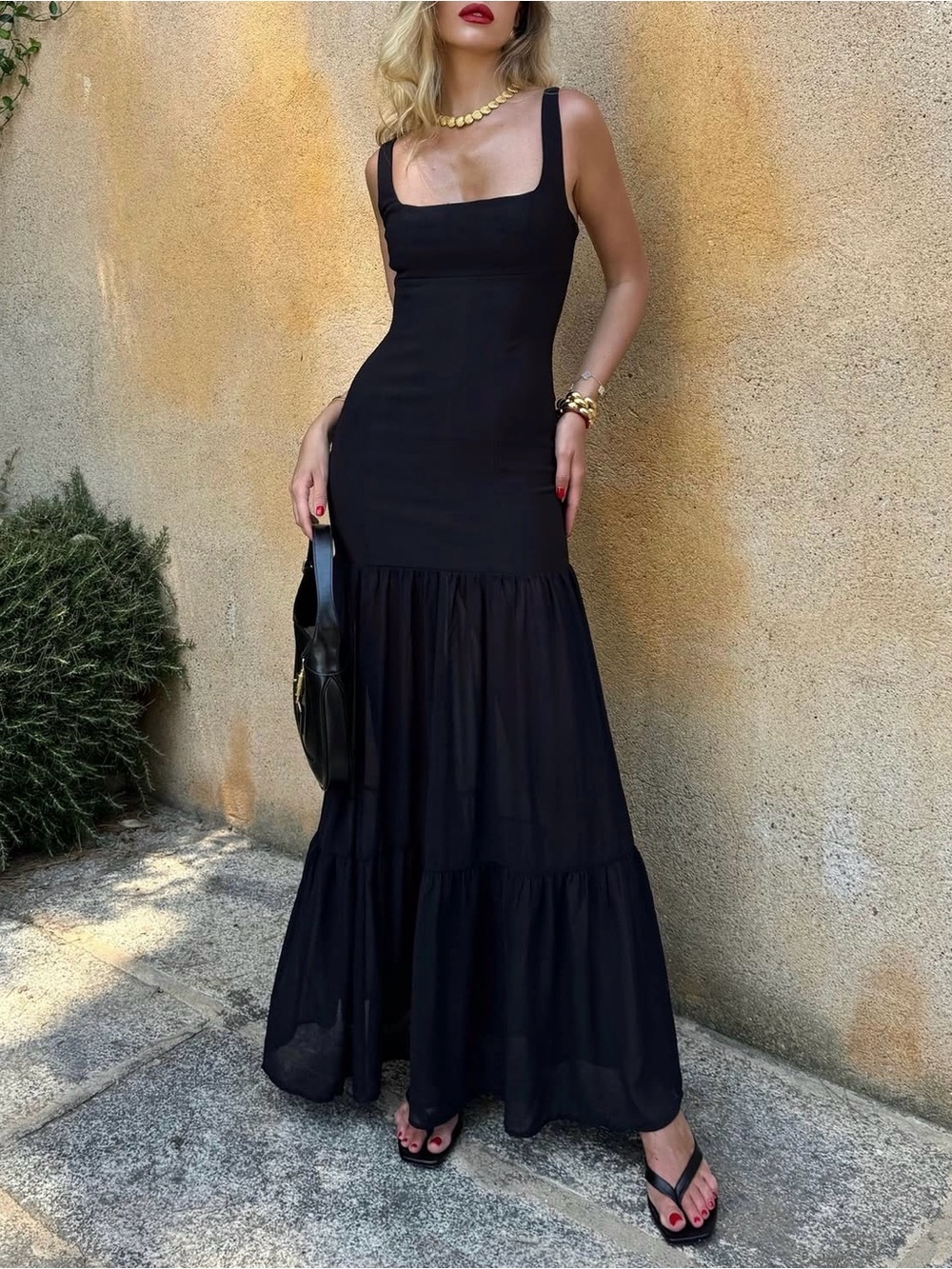 Classic Black Square-Neck Maxi Dress with Tiered Skirt